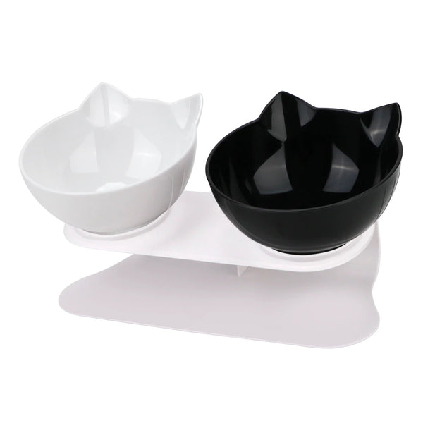 ergonomisk upphöjd matskål för katter kattskål med lutning lutande 15 grader.  en vit en svart