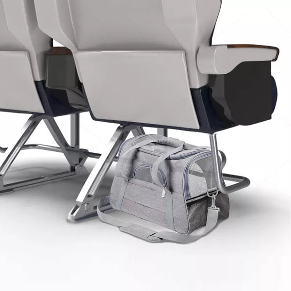 transportväska bärväska reseväska för katter. Kan användas på flygplan eller vetrinärbesök.. Grå under flygplanssäte